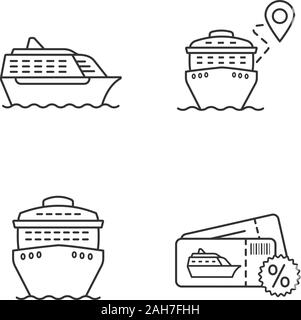 Kreuzfahrt lineare Symbole gesetzt. Sommer Voyage. Reisebüro. Günstige Kreuzfahrt, Route, Schiffe im vorderen und seitlichen Blick. Thin Line Kontur Symbole. Isolat Stock Vektor
