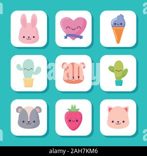 Icon Set cartoons Design, Kawaii Ausdruck niedlichen Charakter lustig und emoticon Thema Vector Illustration Stock Vektor