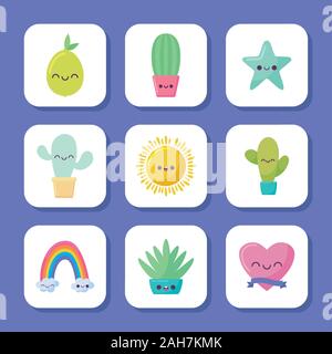 Icon Set cartoons Design, Kawaii Ausdruck niedlichen Charakter lustig und emoticon Thema Vector Illustration Stock Vektor