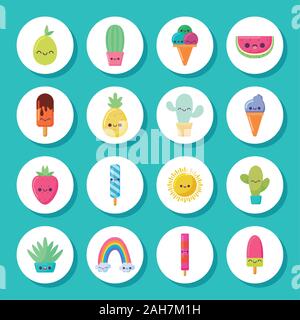 Icon Set cartoons Design, Kawaii Ausdruck niedlichen Charakter lustig und emoticon Thema Vector Illustration Stock Vektor