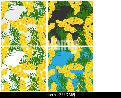 Mimosa auf gelben Hintergrund. Hellen gelben Hintergrund. Frühling Blumen Bilder. Stock Vektor