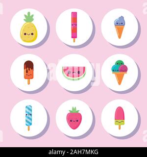 Icon Set cartoons Design, Kawaii Ausdruck niedlichen Charakter lustig und emoticon Thema Vector Illustration Stock Vektor
