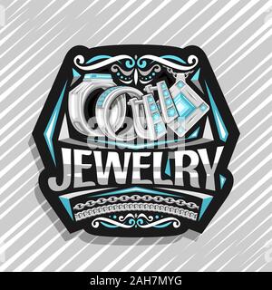 Vektor logo für Schmuck, dunklen dekorative Label mit der Abbildung von set Platin Ringe, Ohrringe mit Englisch- und Silber Anhänger mit Blau glänzend Stock Vektor