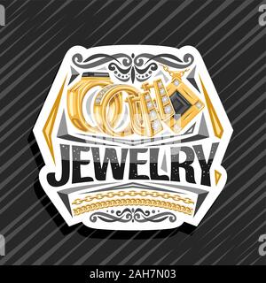 Vektor logo für Schmuck, dekoratives Papier schneiden Abzeichen mit der Abbildung der goldene Ringe, Ohrringe mit Englisch- und Gold Anhänger mit schwarzem Vorg Stock Vektor