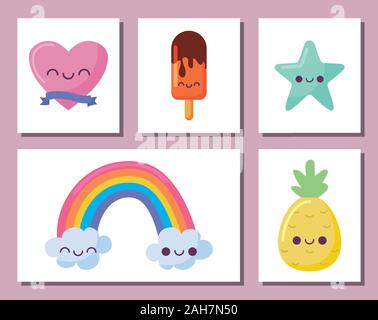 Icon Set cartoons Design, Kawaii Ausdruck niedlichen Charakter lustig und emoticon Thema Vector Illustration Stock Vektor