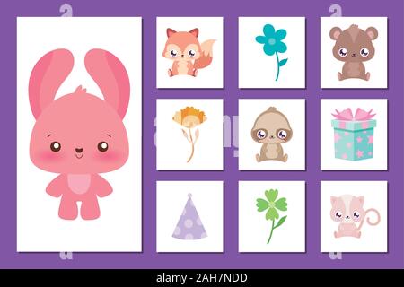 Kaninchen Cartoon und Icon Set Design, Happy Birthday Card Feier Dekoration überraschen party Jubiläum und Einladung Thema Vector Illustration Stock Vektor