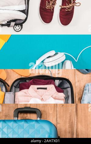 Collage von Reisetaschen, Kleidung und Kopfhörer, Travel Concept Stockfoto