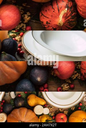 Collage aus weißer Keramik Platten unter Kürbisse, Äpfel, Nüsse, Feigen, Thanksgiving festlichen Tisch einstellen Stockfoto