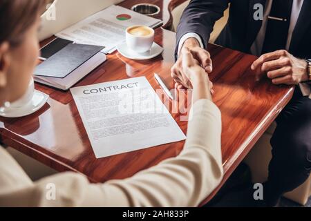 Der Geschäftsmann und Geschäftsfrau Hände schütteln im privaten Flugzeug 7/8 Stockfoto