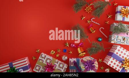 Blick von oben auf die geschenkboxen mit pine Leaf und Ornament für Dekoration auf roten Hintergrund. Frohe Weihnachten und guten Rutsch ins neue Jahr. 3D-Darstellung. Stockfoto