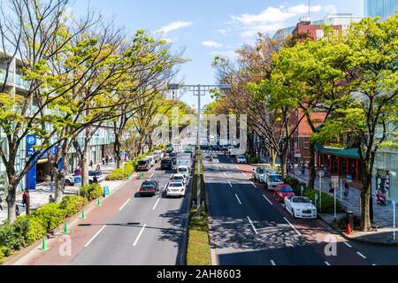 Omotesando Hills Shopping Komplex im Zentrum von Tokyo auf der Linken, Omotesando Avenue, und Dior Gebäude und andere auf der rechten Seite. Bäume mit Laub im Frühjahr. Stockfoto