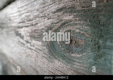Ultra Wide Makro Nahaufnahme von Holz Knoten in einer Planke von verwittertes Holz. Abstrakte Holz Textur. Stockfoto