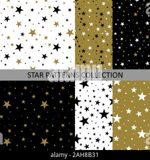 Der nahtlose Muster mit Sternen formen. Sammlung von einfachen Ausdrucke in Schwarz, Weiß und Gold Farben. Vektor illustartion. Stock Vektor
