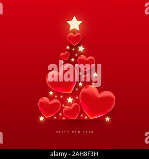 Kreative Komposition mit Rot realistische Herz formen und Sterne in der Form eines Weihnachtsbaumes auf rotem Hintergrund Stock Vektor