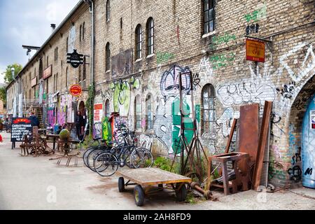 Kopenhagen, Dänemark - 12 September 2019: Christiania Bezirk Cafés und Galerien Stockfoto