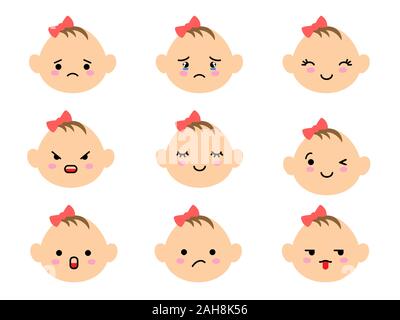 Set von Baby Gesichter Emoji mit unterschiedlicher Stimmung. Kawaii niedlichen Kinder Emoticons und japanischen Anime Emoji Gesichter Ausdrücke. Stock Vektor