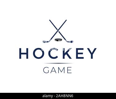 Hockey spiel Logo Design vector Template. Typografischen Schriftzug Idee mit gekreuzten Hockeyschläger und Puck auf weißem Hintergrund. Sport Turnier, Verein, Meisterschaft minimal Symbol Stock Vektor