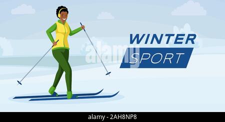 Winter Sport flachbild Vektor banner Vorlage. Winter Aktivitäten, Skigebiet und Wintersport Werbung Abbildung. Afrikanische amerikanische Frau genießen extremer Sport, junge Skifahrer Zeichentrickfigur Stock Vektor
