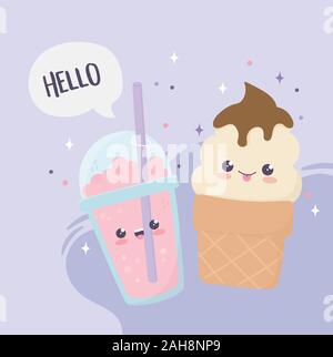 Kawaii süße Nachspeise Eis und kalte Getränke cartoon Vector Illustration Stock Vektor