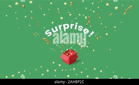 Lassen Sie sich überraschen mit Sternen Konfetti vector Hintergrund. Isometrische öffnen Geschenkbox, goldene Luftschlangen Explosion auf grünem Hintergrund isoliert. Weihnachten, Neujahr, Geburtstag Banner Design mit vorhanden Stock Vektor