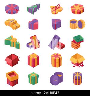 Geschenkboxen isometrische Vector Icons einstellen. Weihnachten und das neue Jahr festlich präsentiert, geburtstagsüberraschungen Pakete mit Schleifen und Bänder isoliert auf Weiss. Xmas gewickelt und offenen giftboxes Flachbild Sammlung Stock Vektor