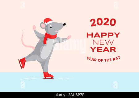 2020 Frohes Neues Jahr banner Vorlage. Grußkarte Design mit niedlichen Ratte Schlittschuhlaufen auf der Eisbahn und roten typografischen Inschrift. Winterurlaub Postkarte, horizontale Plakat Layout mit niedlichen Maus Stock Vektor