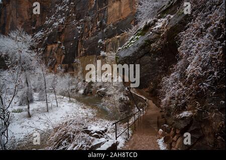 Malerische Winteransicht während der Wanderung zum Tempel von Sinawava, dem Virgin River folgend im Zion National Park, Utah Stockfoto
