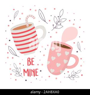Happy Valentines Day, Schokolade Tassen und Candy Cane Vector Illustration Stock Vektor