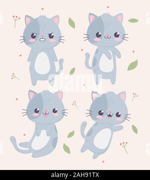 Kawaii cartoon süße Katzen zeichen Geste Gesichter Ausdrücke Vector Illustration Stock Vektor