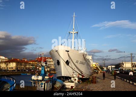 Ehemaliges Krankenhaus Schiff Gil Eannes in Marina Atlantica, Viana do Castelo, Provinz Minho, Nordportugal Stockfoto