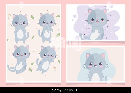 Kawaii cartoon süße Katzen zeichen Gesichter Ausdrücke banner Vector Illustration Stock Vektor