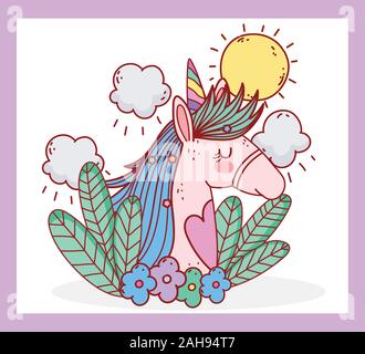 Einhorn Blumen Blätter sonnigen Tag Fantasy Magic cartoon Vector Illustration Stock Vektor
