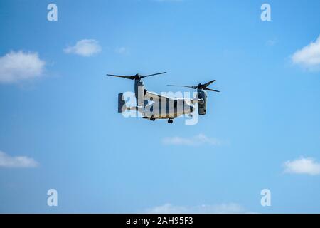 Bell Boeing V-22 Osprey Armee schwebenden Hubschrauber auf einem blauen Himmel Hintergrund. Hubschrauber auf eine routinemäßige Schulung überwachung Mission in San Diego, Kalifornien, USA. 13. September, 2019 Stockfoto