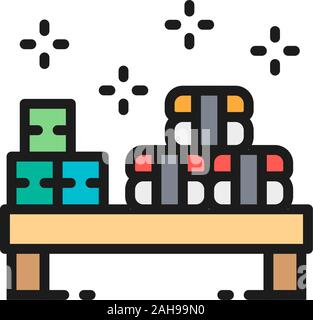 Sushi am kleinen Schreibtisch gesetzt, japanische Küche flachbild Color Line Symbol. Stock Vektor