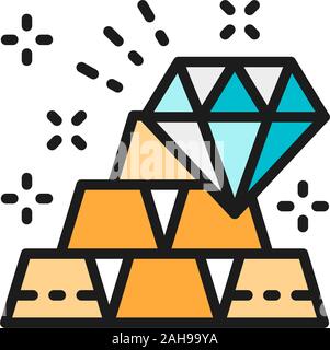 Gold Bars und Diamant, Reichtum flachbild Color Line Symbol. Stock Vektor