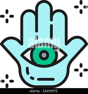 Hand der Fatima, Hamsa Maskottchen, Talisman, amulett Flachbild Color Line Symbol. Stock Vektor