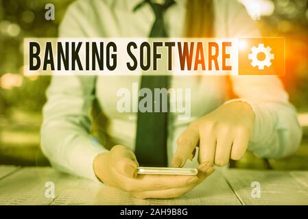 Konzeptionelle Hand schreiben Übersicht Banking Software. Begriff Sinne bezieht sich in der Regel auf Core Banking Software und Schnittstellen Weibliche business Person SITT Stockfoto