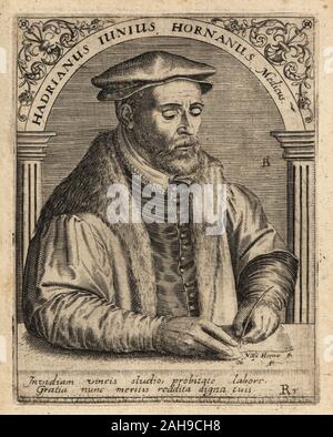 Adriaen de Jonghe, deutscher Arzt, klassischer Philologe, Übersetzer, Lexikograph, Antiquariaten, historiograph, emblematist, Schule Rektor und lateinische Dichter 1511-1575. Hadrianus Junius Hornanus Medicus. Kupferstich von Johann Theodor de Bry von Jean-Jacques Boissard der Bibliotheca Chalcographica, Johann Ammonius, Frankfurt, 1650. Stockfoto