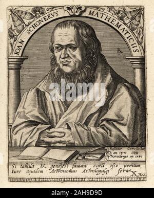 Johannes Schoner, Deutschen Universalgelehrten, 1477-1547. Joan Schonerus Mathematicus. Kupferstich von Johann Theodor de Bry von Jean-Jacques Boissard der Bibliotheca Chalcographica, Johann Ammonius, Frankfurt, 1650. Stockfoto