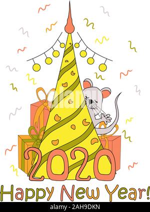 Postkarte mit der Inschrift 2020. Mäuse und Geschenke. Frohes Neues Jahr und Frohe Weihnachten.. Stock Vektor