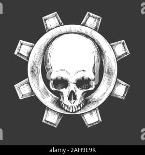 Menschlicher Schädel mit mechanischer Gang Emblem auf schwarzen Hintergrund. Vector Illustration Stock Vektor