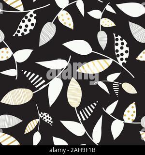 Weiße blatt Formen mit gold Elemente auf schwarzem Hintergrund. Abstrakte Blätter nahtlose Vektor Muster. Minimalistischer Natur Muster wiederholen. Verwenden für Stock Vektor