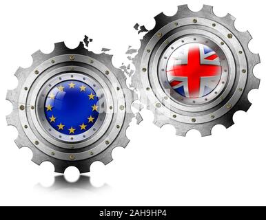 Brexit Konzept, 3D-Darstellung. Großbritannien aus der Europäischen Union. Zwei Getriebe mit UE und englische Flaggen brechen. Auf weissem Hintergrund Stockfoto