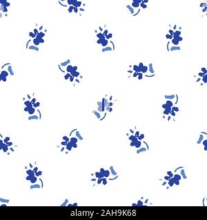 Blaue Streublümchen Hand-Drawn Folk Classic Gänseblümchen Blumen Vektor nahtlose Muster auf weißem Hintergrund. Folk Blumen monochromen Hintergrund Stock Vektor