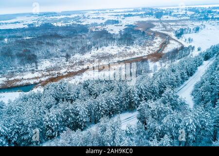 Winter Landschaft mit Fluss und Kiefer verschneiten Wald. Bäume mit Schnee bedeckt. Luftaufnahme Stockfoto