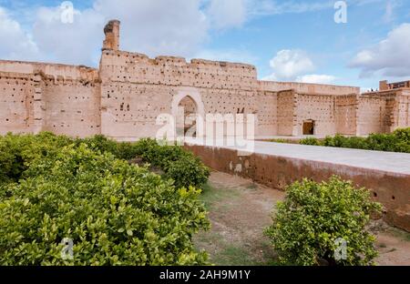 Hof, wenn El Badi Palast aus Saadian Dynastie, 16. Jahrhundert, Ruinen, Marrakech, Marokko, Nordafrika. Stockfoto