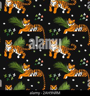 Tiger. Vektor Hand gezeichnet nahtlose Muster. Ornament mit Raubtieren. Wilde Katzen Hintergrund. Stock Vektor