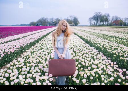 Schöne junge Frau mit langen roten Haaren tragen in weißem Kleid stehend mit Gepäck auf bunten Tulpenfeld. Gerne blonde Mädchen halten alte Vintage su Stockfoto