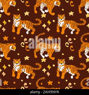 Tiger. Vektor Hand gezeichnet nahtlose Muster. Ornament mit Raubtieren. Wilde Katzen Hintergrund. Stock Vektor