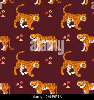 Tiger. Vektor Hand gezeichnet nahtlose Muster. Ornament mit Raubtieren. Wilde Katzen Hintergrund. Stock Vektor